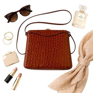 Jill Stuart Vintage Croc Embossed Leather Crossbody Bag Made Italy Brown 9x8x2